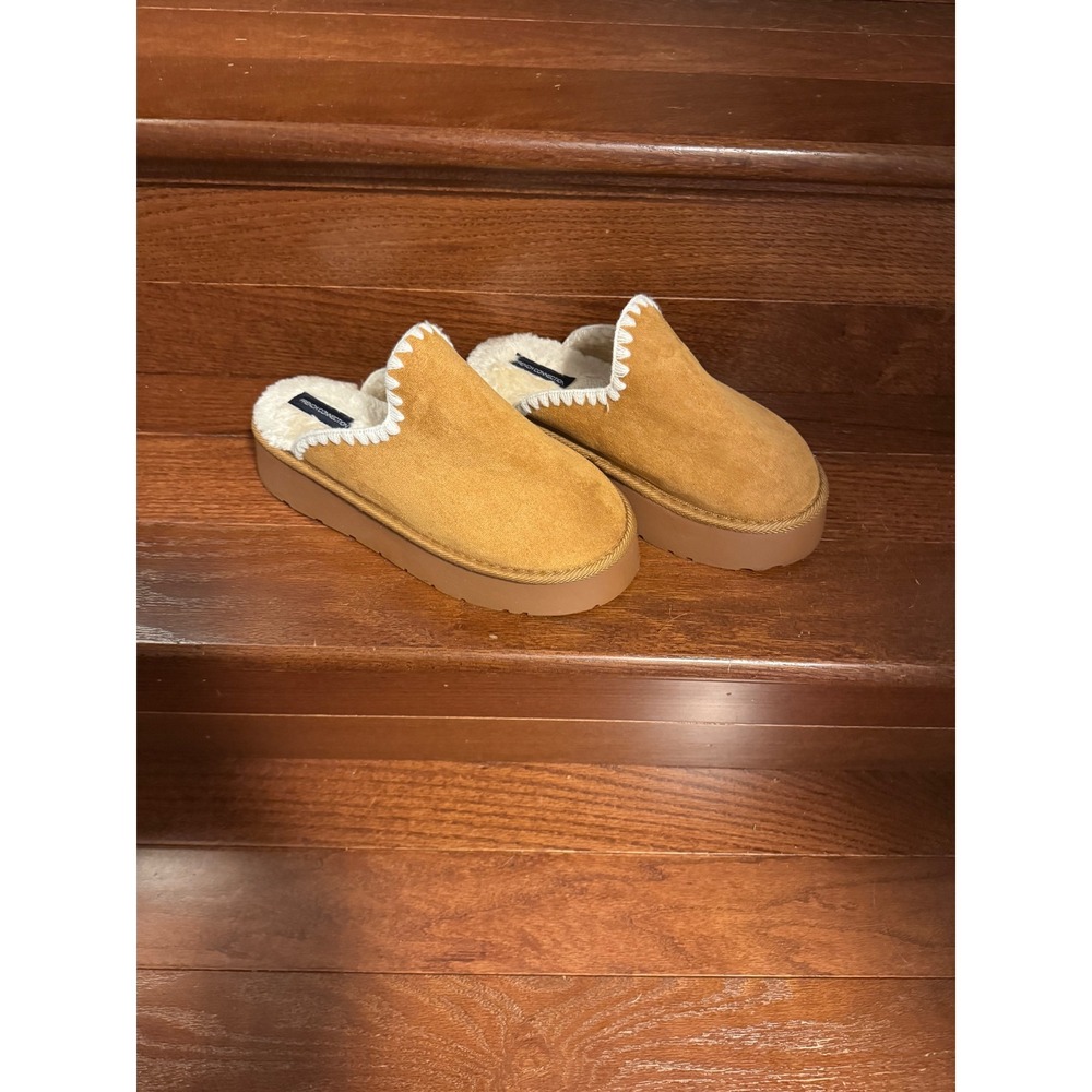 French Connection Womens Chunky Platform Slippers Tan Faux Fur Mules Size M 7-8